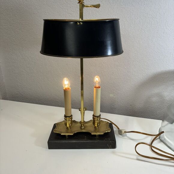 Black Shade Bouillette Lamp 2 Candlestick Lights Gold Brass Tone - Picture 5 of 16